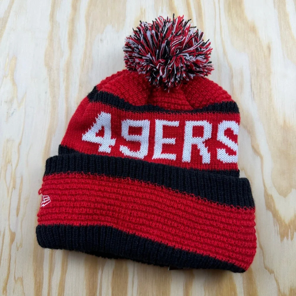 New Era San Francisco 49ers NFL On Field Sport Knit Beanie Hat Red Black Pom NWT